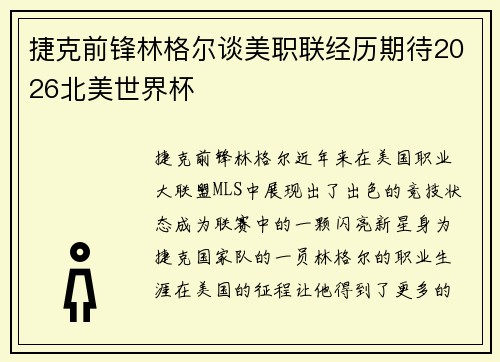 捷克前锋林格尔谈美职联经历期待2026北美世界杯 捷克前锋林格尔谈美职联经历期待2026北美世界杯